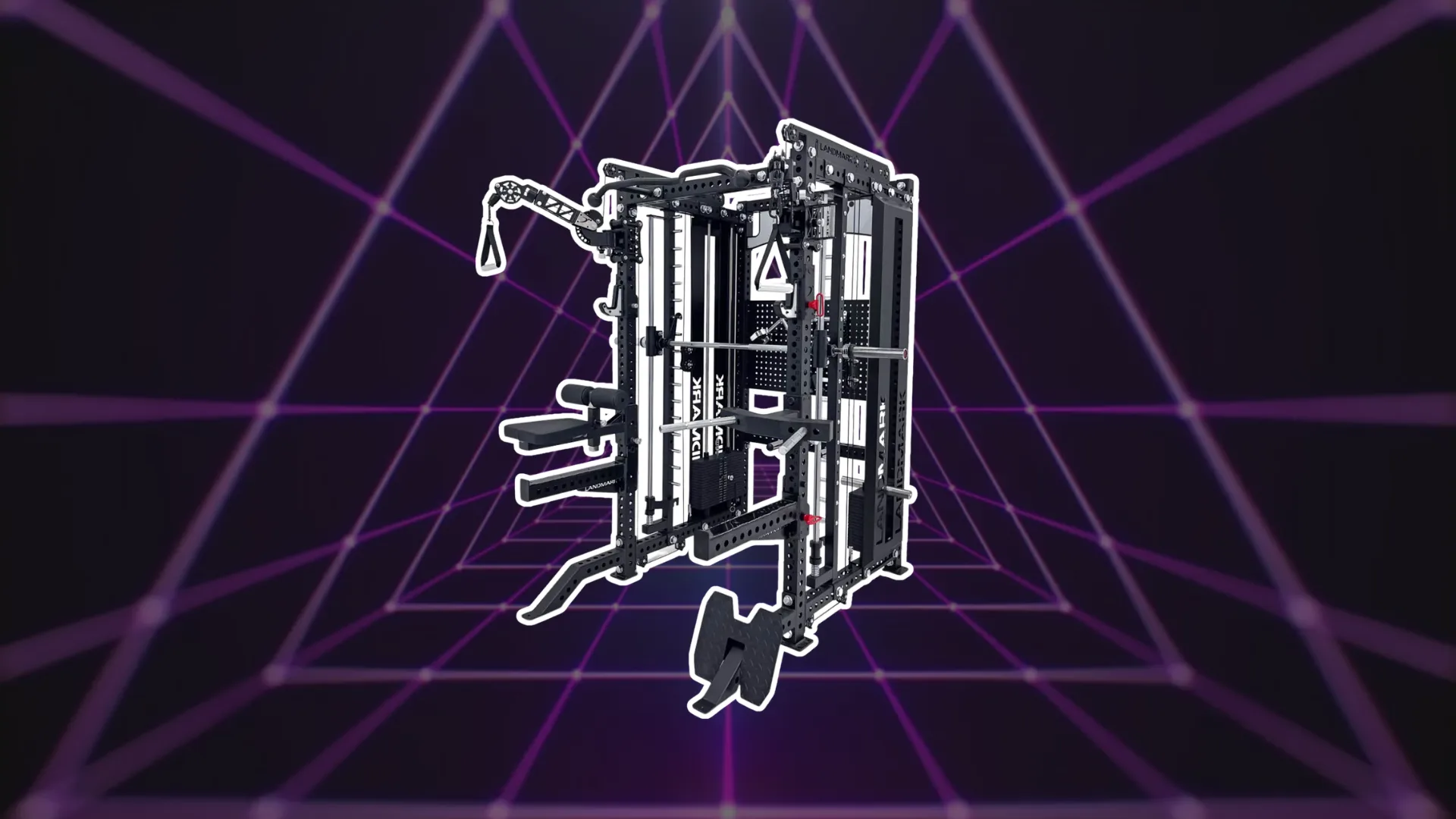 Landmark Athletics Luxor all-in-one trainer, a black 3x3 steel rack with dual weight stacks, Smith machine, and trolley arms, rendered on a neon purple grid background.